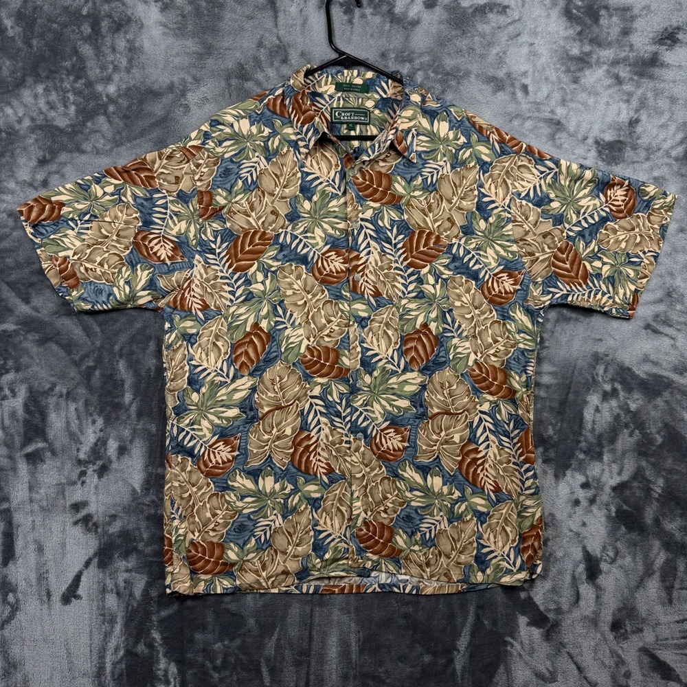 Croft & Barrow Button Up Shirt Mens XL Blue Brown Tropical Leaf Rayon Hawaiian
